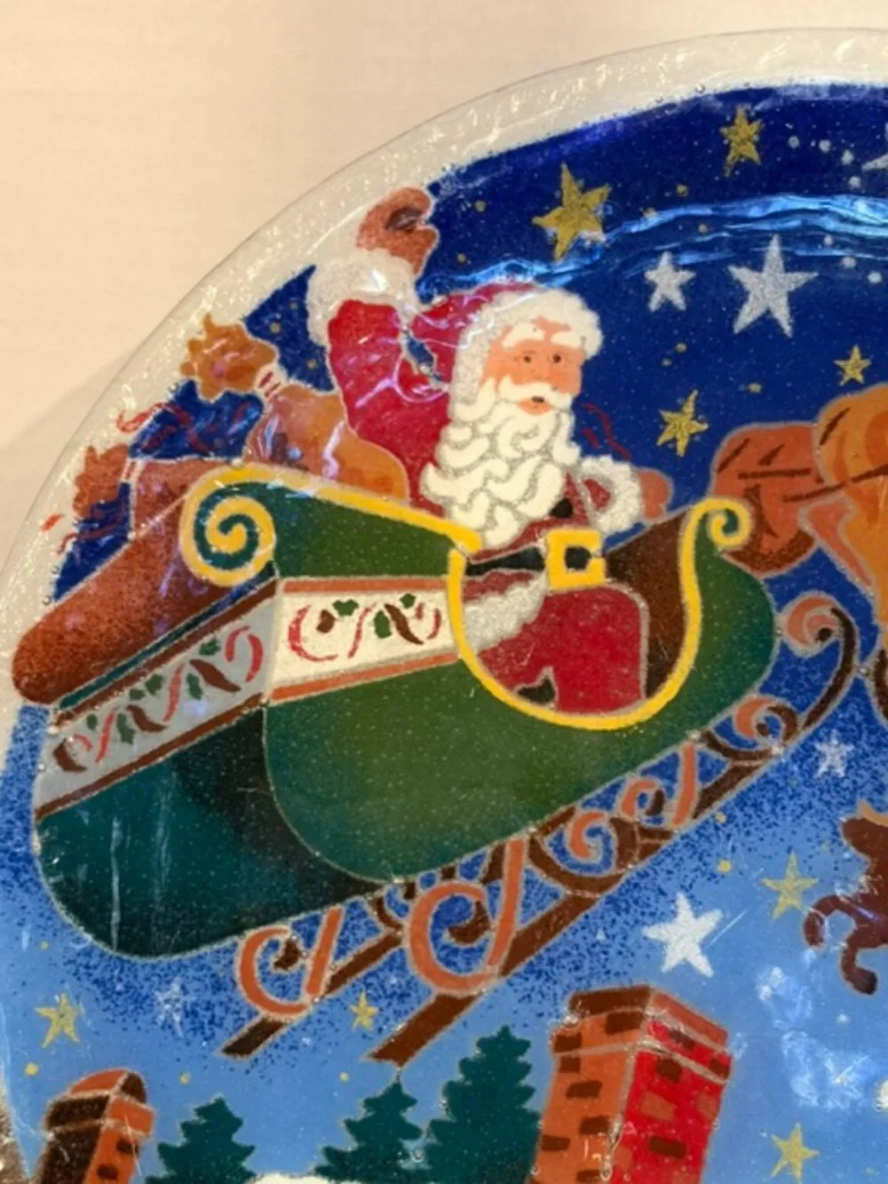 Peggy Karr Santa Sleigh and Reindeer Large Fused Glass 13.5